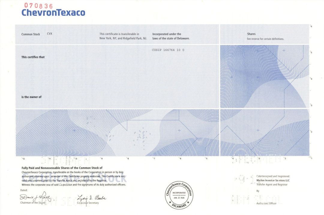 ChevronTexaco -  2001 dated Specimen Stock Certificate