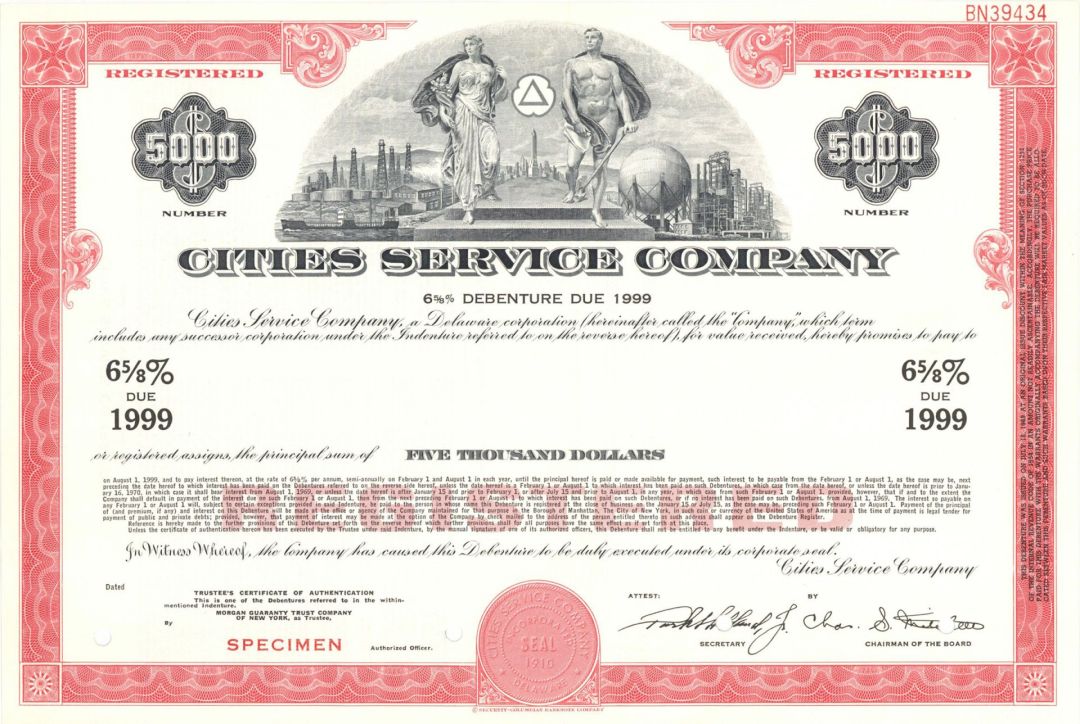 Cities Service Co. - $5,000 Specimen Bond - Also Known as Citgo Petroleum Corporation
