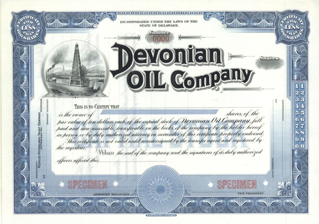 Devonian Oil Co. -  Specimen Stock Certificate