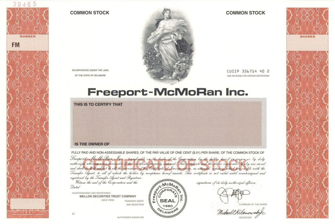 Freeport-McMoRan Inc. - Specimen Stock Certificate