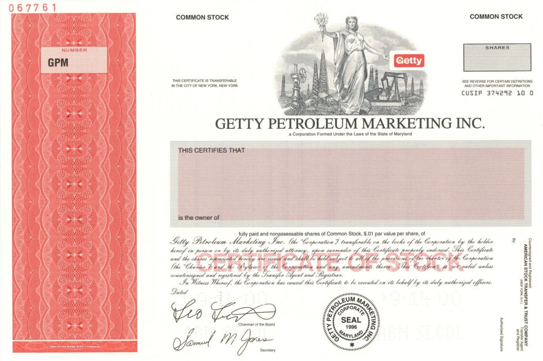 Getty Petroleum Marketing Inc. - Specimen Stock Certificate