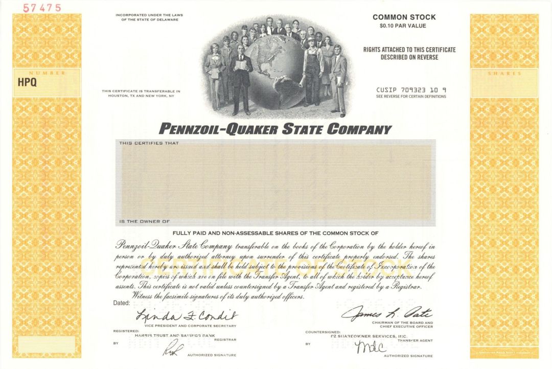 Penzoil-Quaker State Co. - 1998 dated Specimen Stock Certificate
