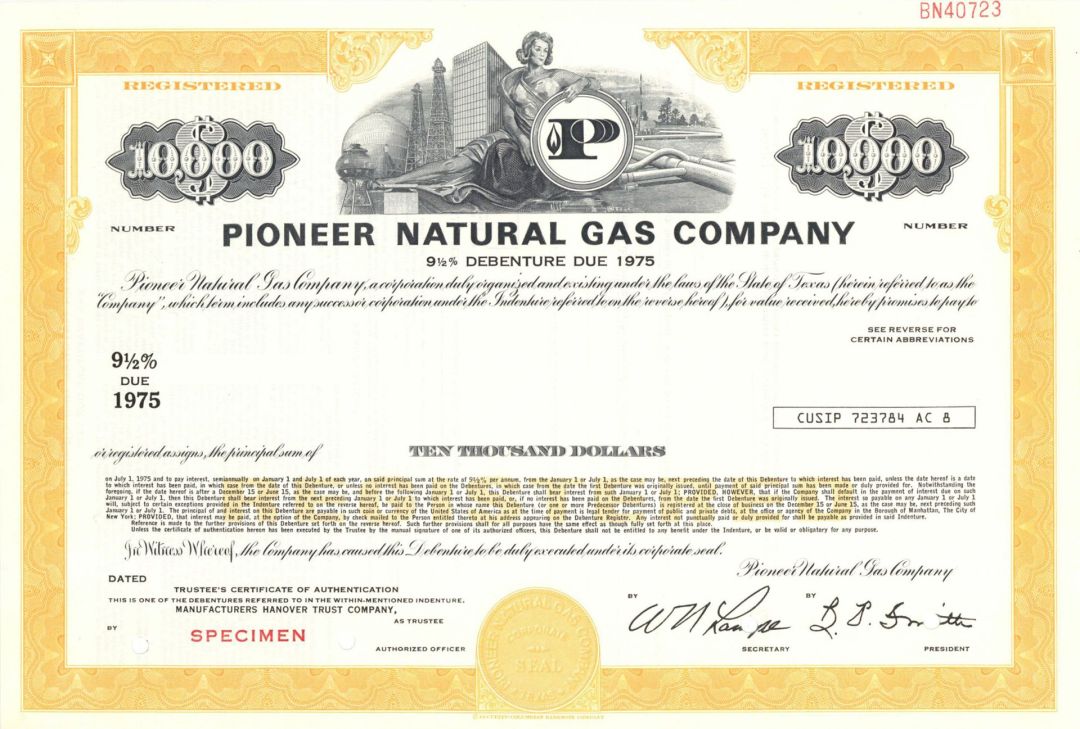 Pioneer Natural Gas Co. - $10,000 Specimen Bond
