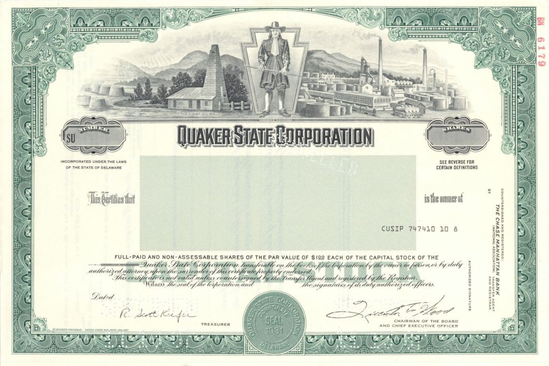 Quaker State Corp. - Specimen Stock Certificate
