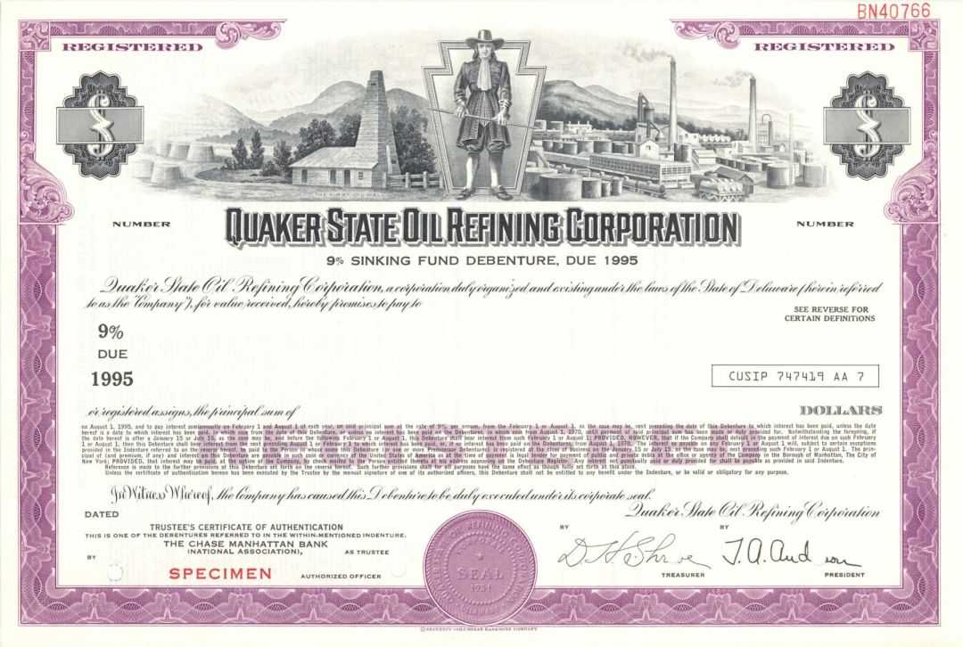 Quaker State Oil Refining Corp. - Specimen Bond