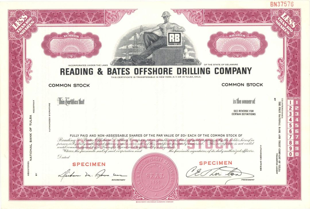 Reading and Bates Offshore Drilling Co. - Specimen Stock Certificate