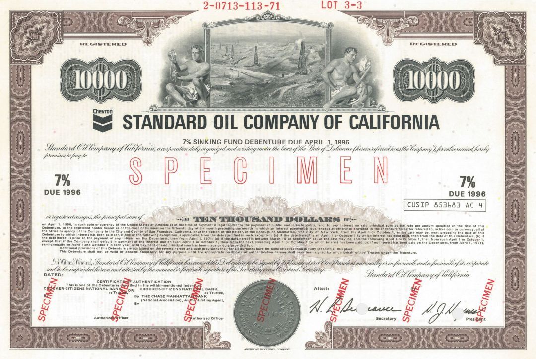 Standard Oil Company of California - Also Known as Chevron - $10,000 Specimen Bond