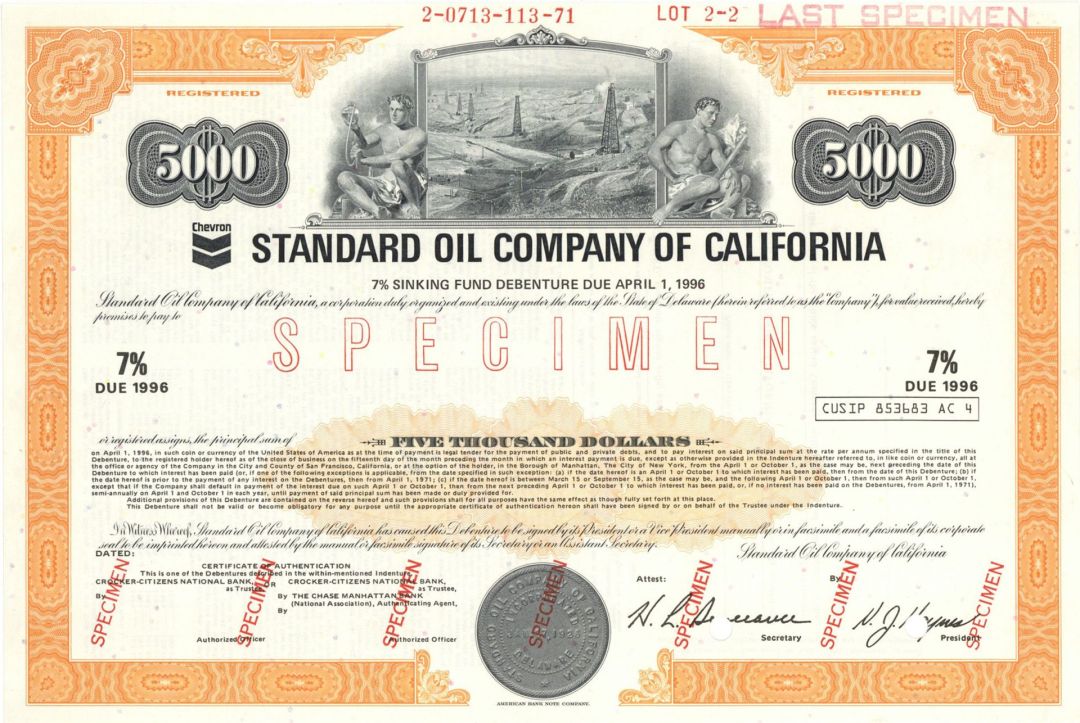 Standard Oil Company of California - $5,000 or $10,000 Specimen Bond - Available in $5,000 Orange or $10,000 Brown