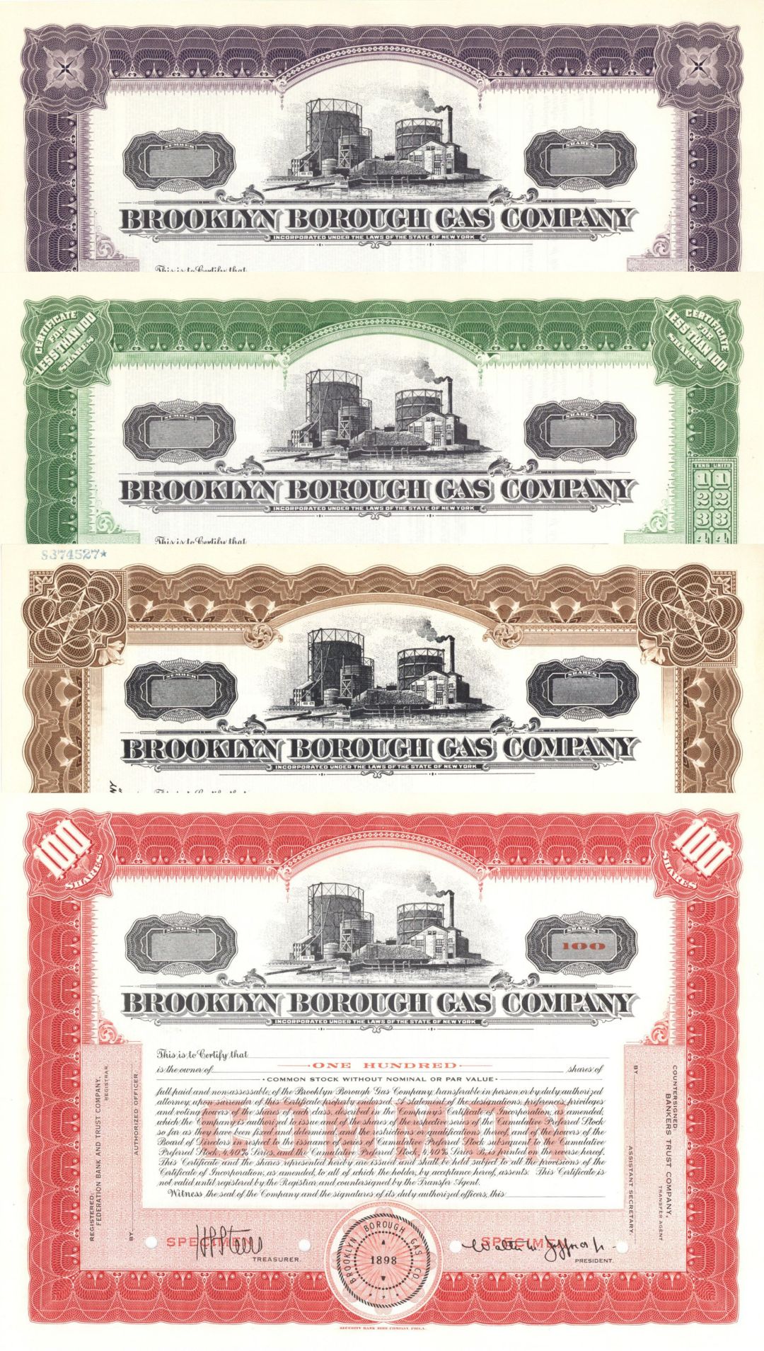 Brooklyn Borough Gas Co. - Set of 4 Colors - Specimen Stock Certificate