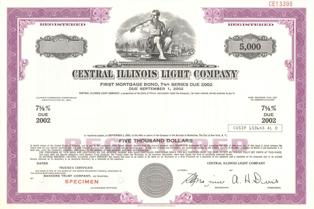 Central Illinois Light Co. - $5,000 Specimen Bond
