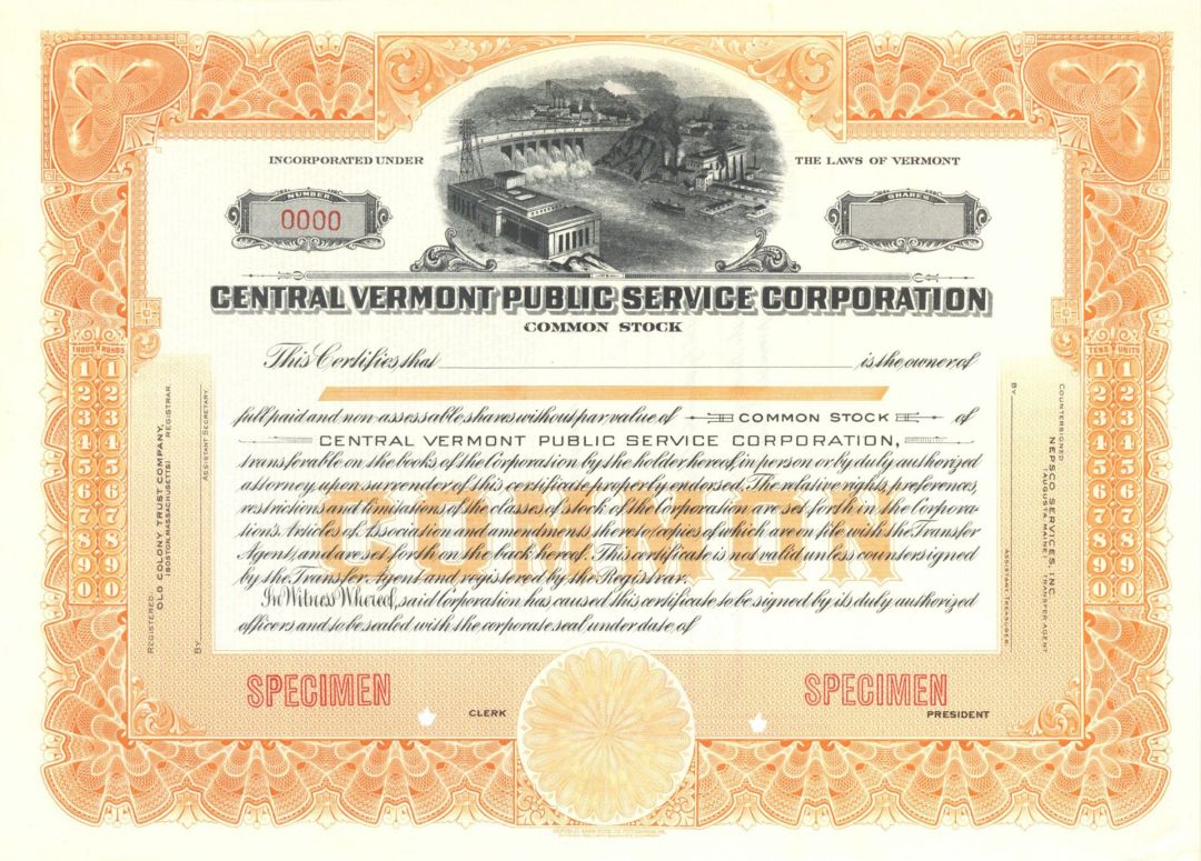 Central Vermont Public Service Corp. - Specimen Stock Certificate