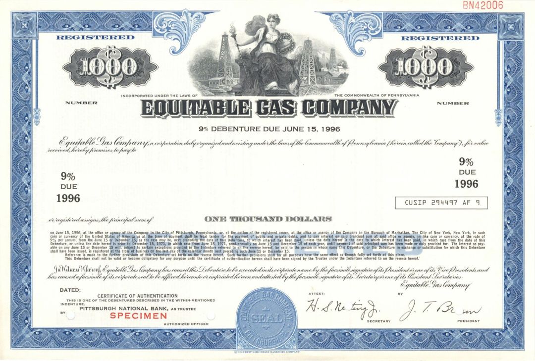 Equitable Gas Co. - $1,000 Specimen Bond