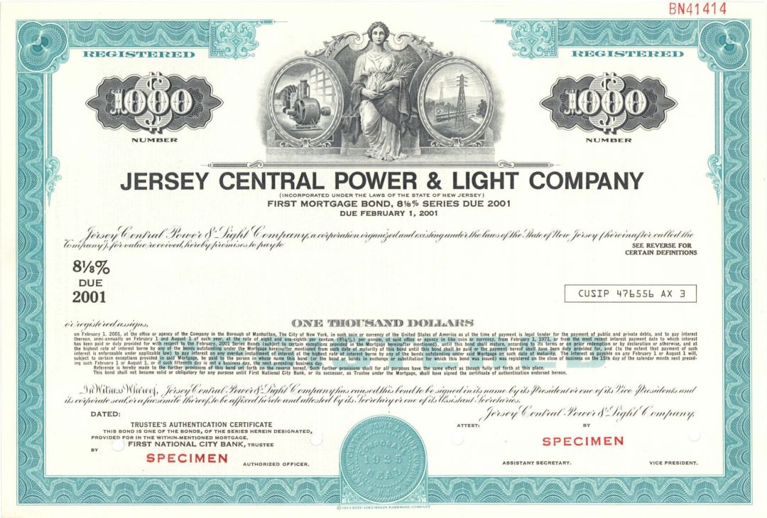 Jersey Central Power and Light Co. - $1,000 Specimen Bond