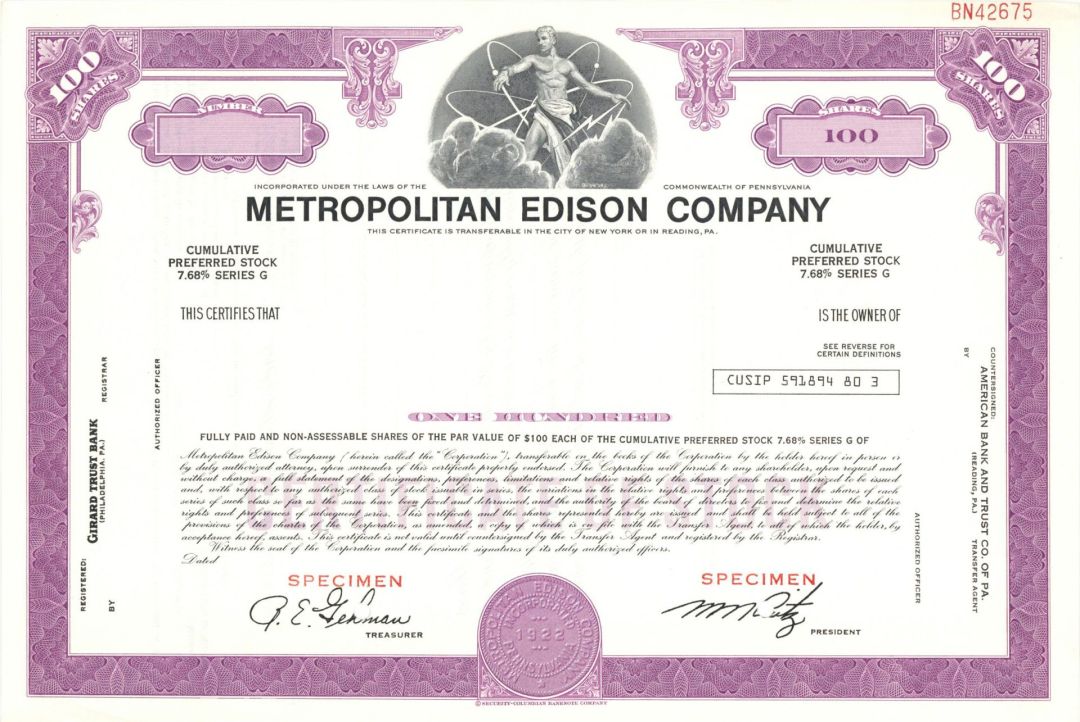Metropolitan Edison Co. - Specimen Stock Certificate