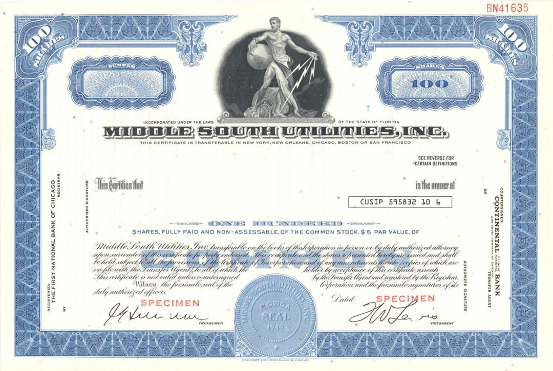 Middle South Utilities, Inc. - Specimen Stock Certificate