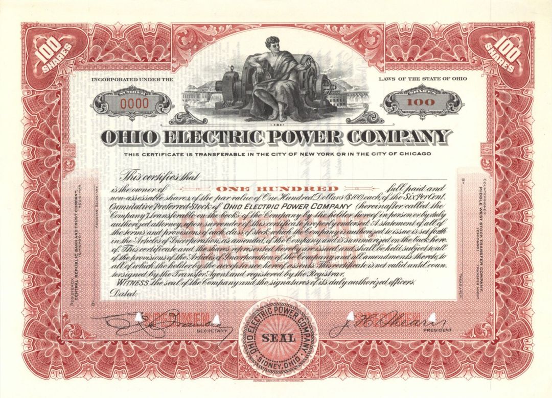 Ohio Electric Power Co. - Specimen Stock Certificate