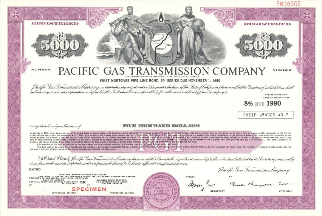 Pacific Gas Transmission Co. - $5,000 Specimen Bond