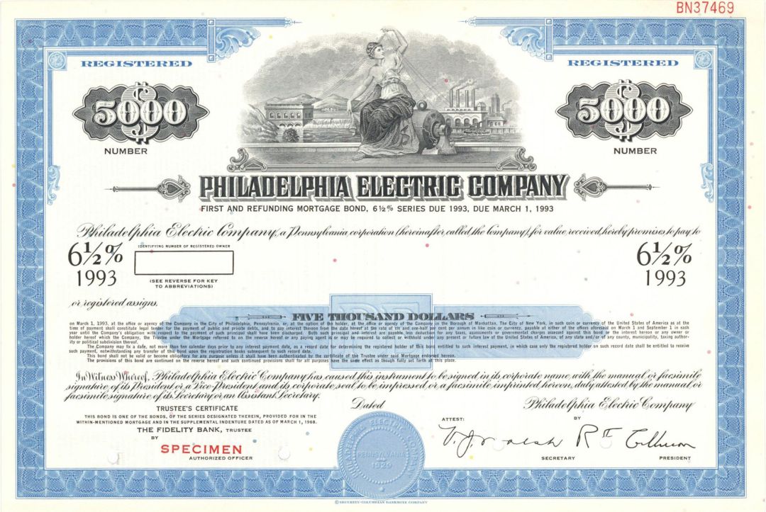 Philadelphia Electric Co. - $5,000 Specimen Bond