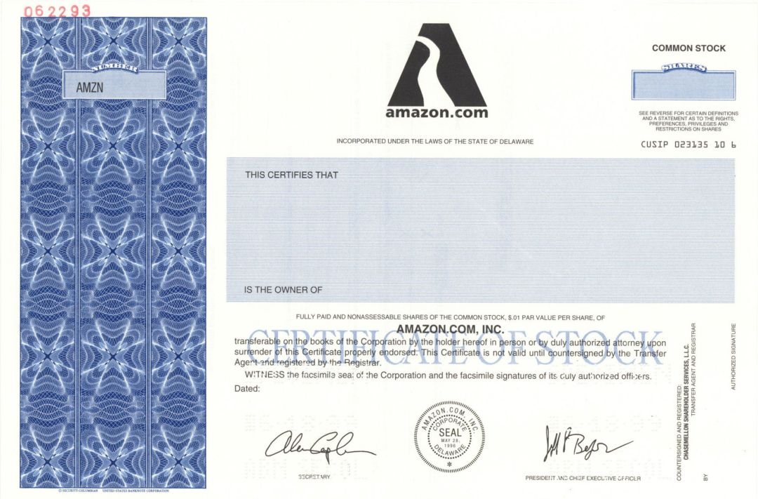 Amazon(.)com - Printed Signature of Jeff Bezos - 1999 dated Specimen Stock Certificate - Ultra Rare - Only 1 Found!