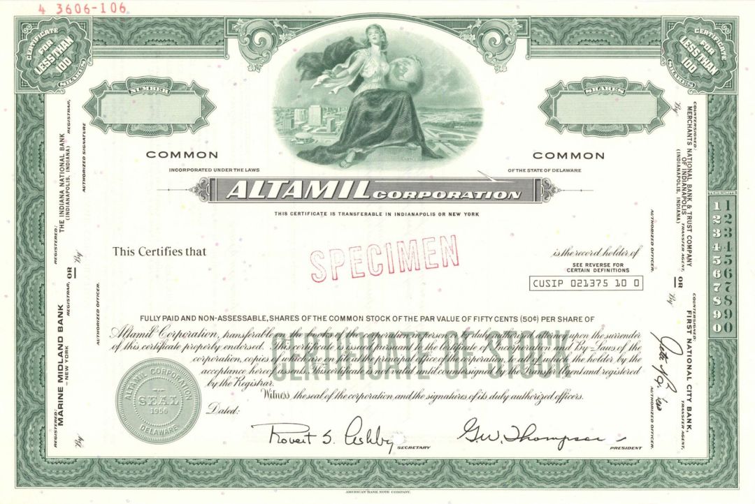 Altamil Corp. - 1956 dated Specimen Stock Certificate
