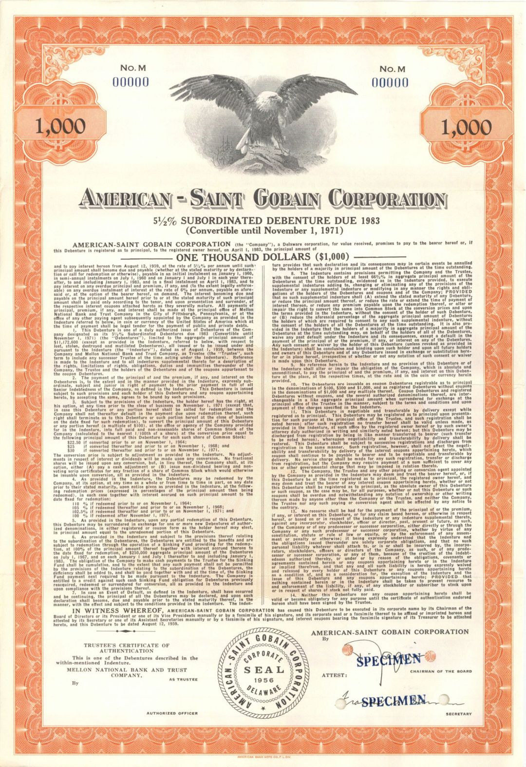 American-Saint Gobain Corp. - 1956 $1,000 Specimen Bond