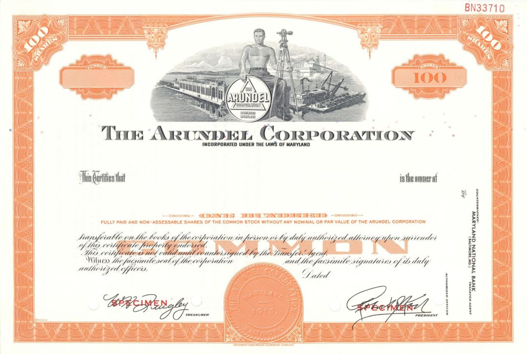 Arundel Corp. - 1919 Specimen Stock Certificate