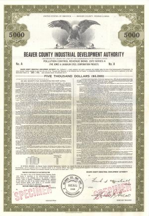 Beaver County Industrial Development Authority - 1972 $5,000 Specimen Bond