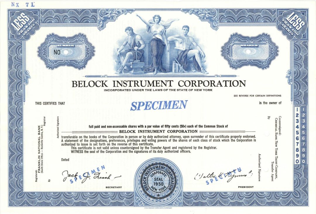 Belock Instrument Corp. - 1950 Specimen Stock Certificate