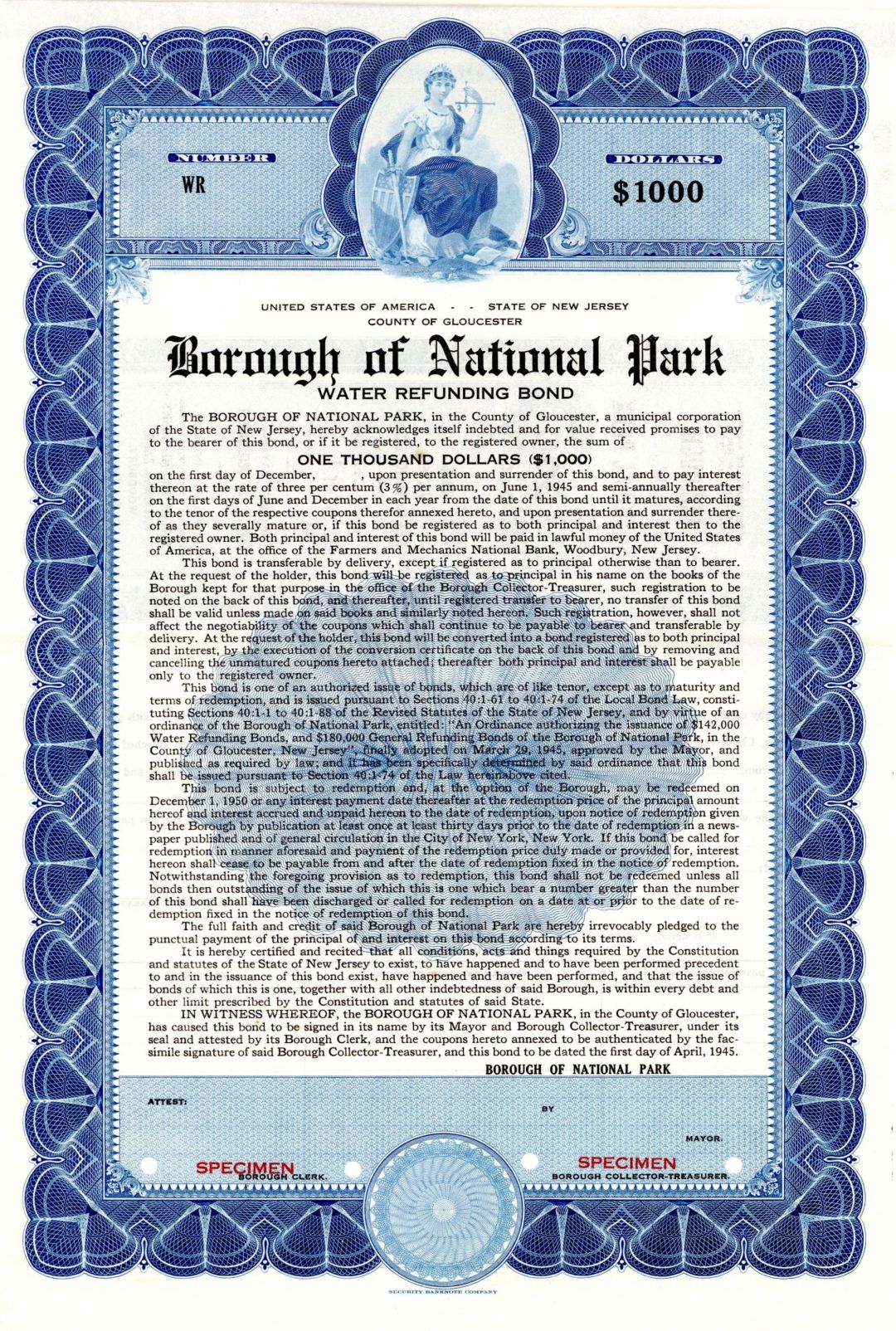 Borough of National Park - 1945 $1,000 Specimen Bond