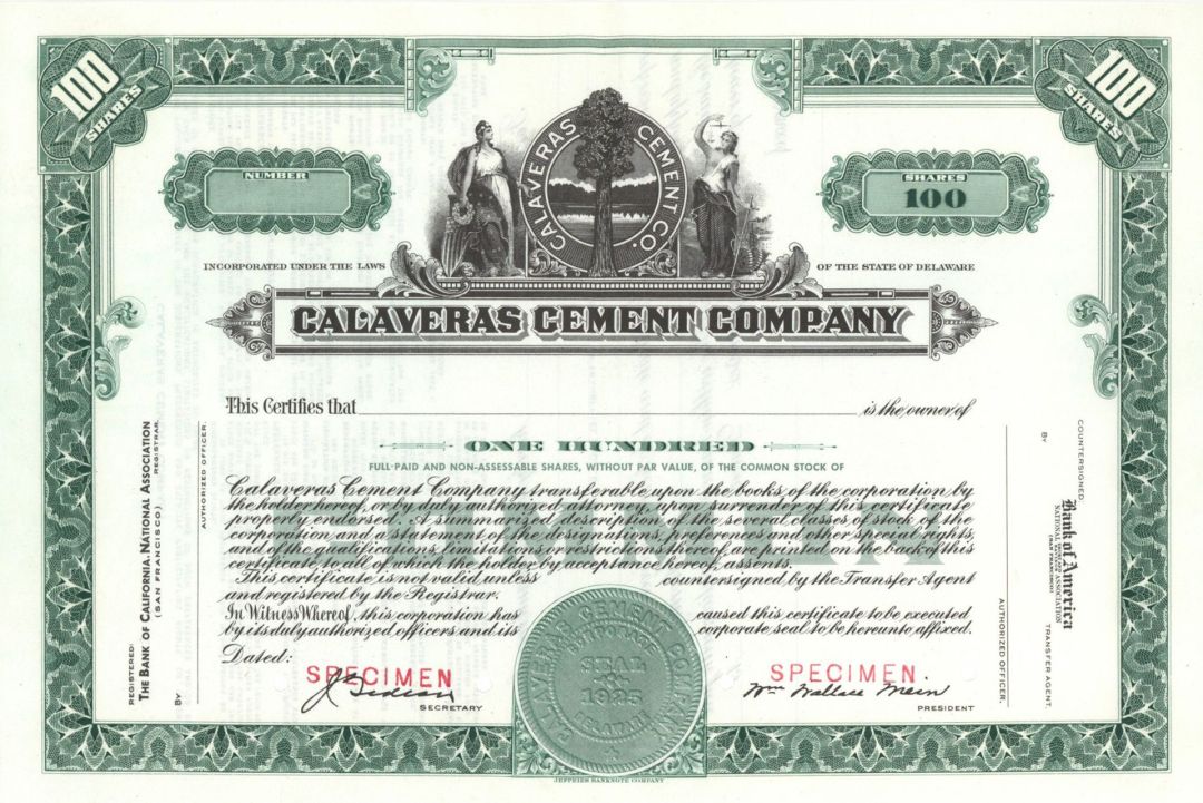 Calaveras Cement Co. - 1925 Specimen Stock Certificate