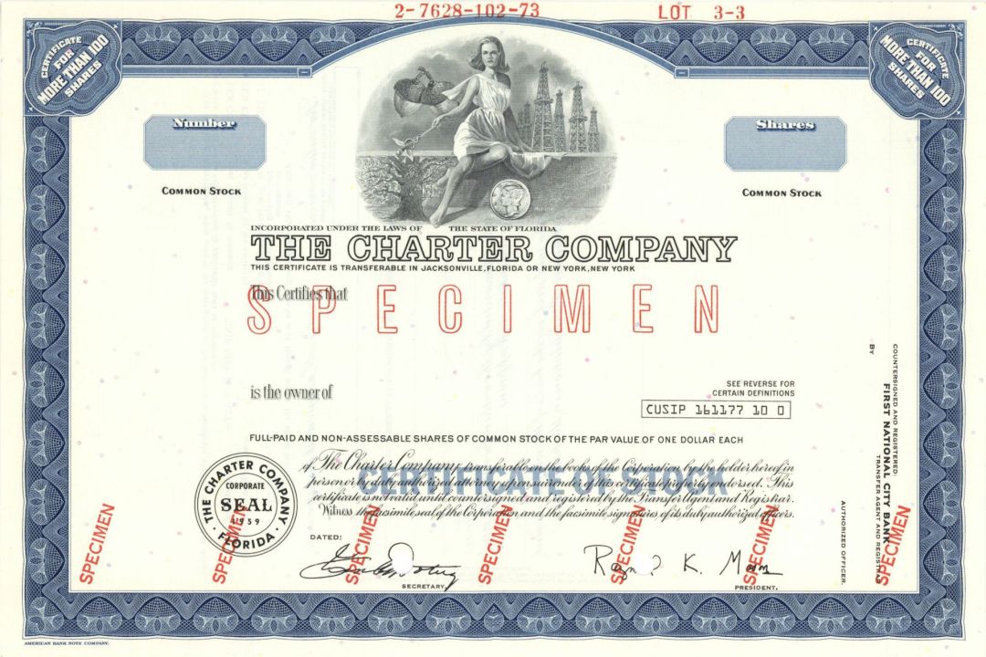 Charter Co. - 1959 Specimen Stock Certificate