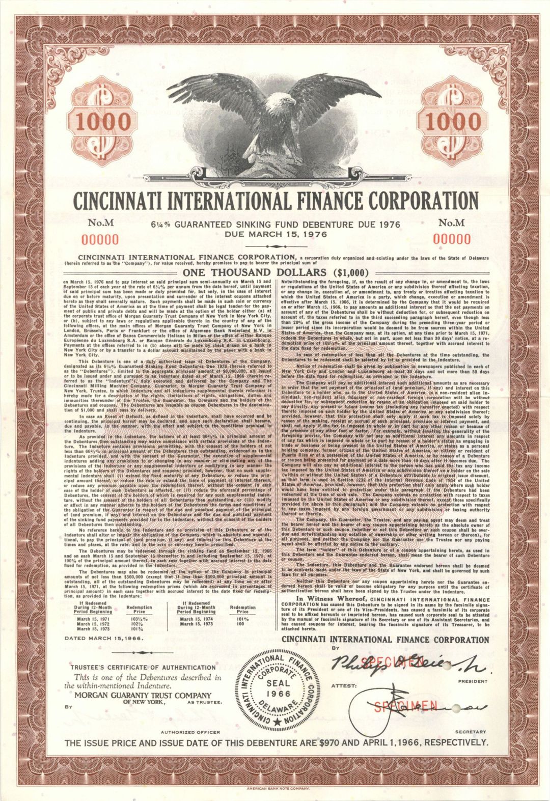 Cincinnati International Finance Corp. - 1966 $1,000 Specimen Bond