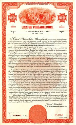 City of Philadelphia - 1956 $1,000 Specimen Bond