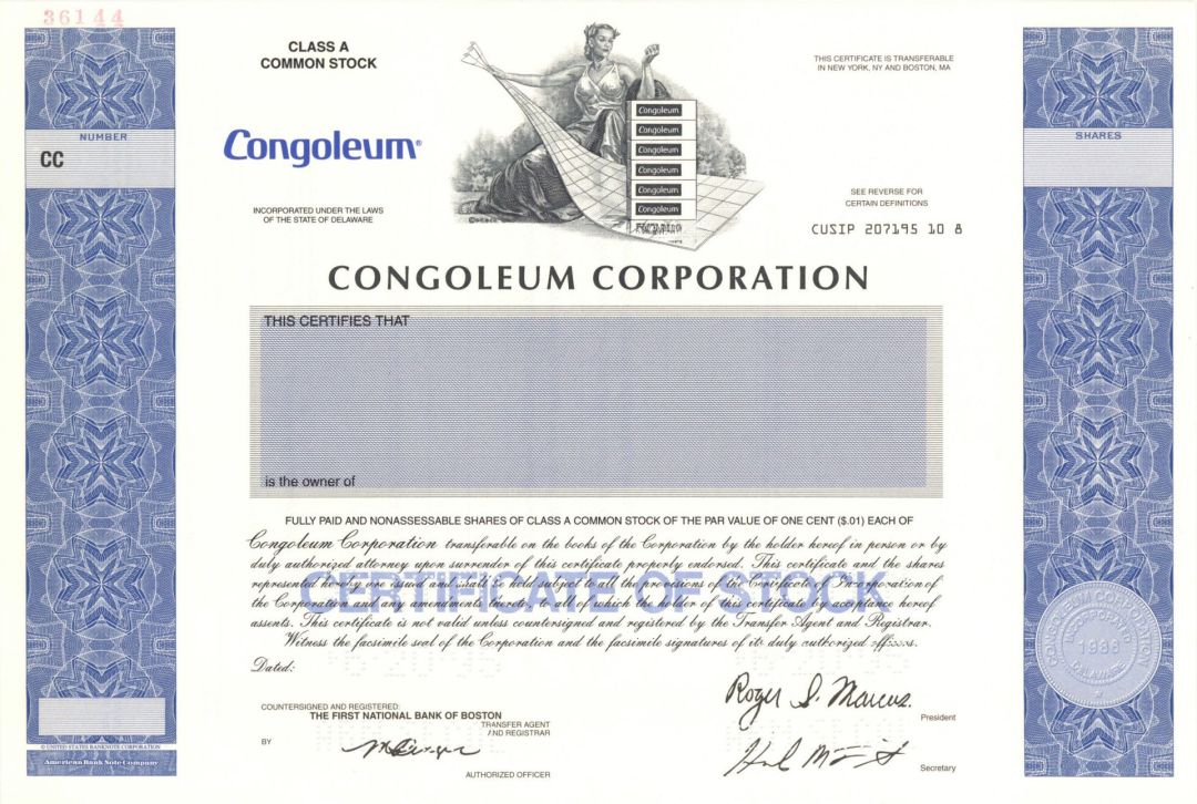 Congoleum Corp. - 1995 dated Specimen Stock Certificate
