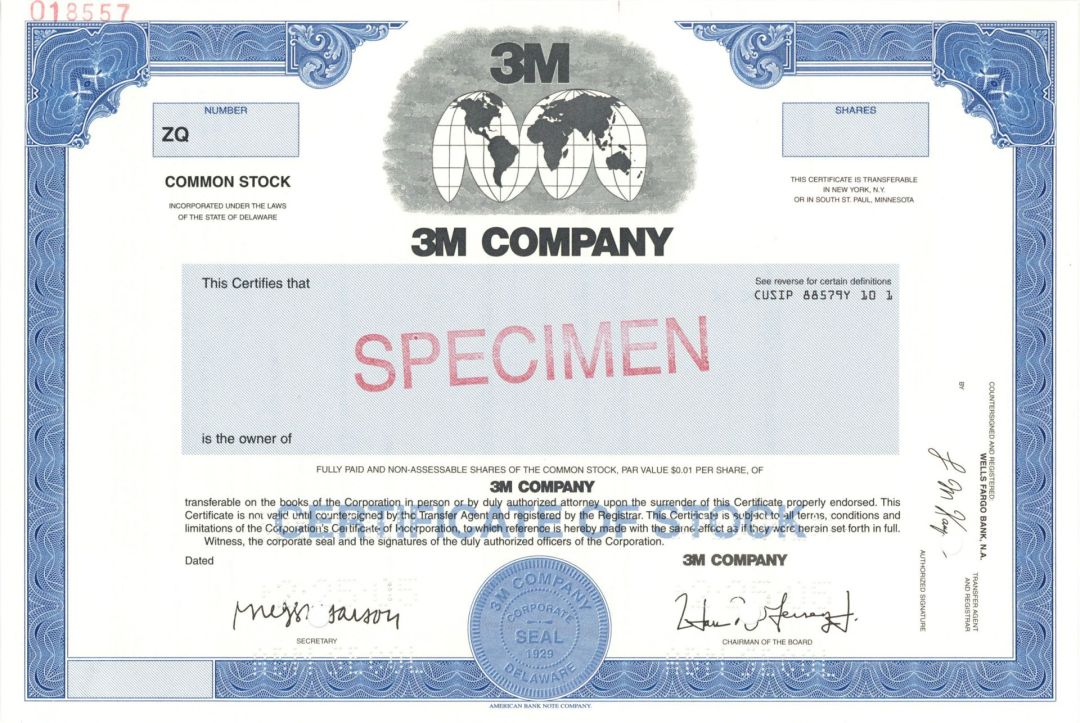 3M Company -  1929 Specimen Stock Certificate
