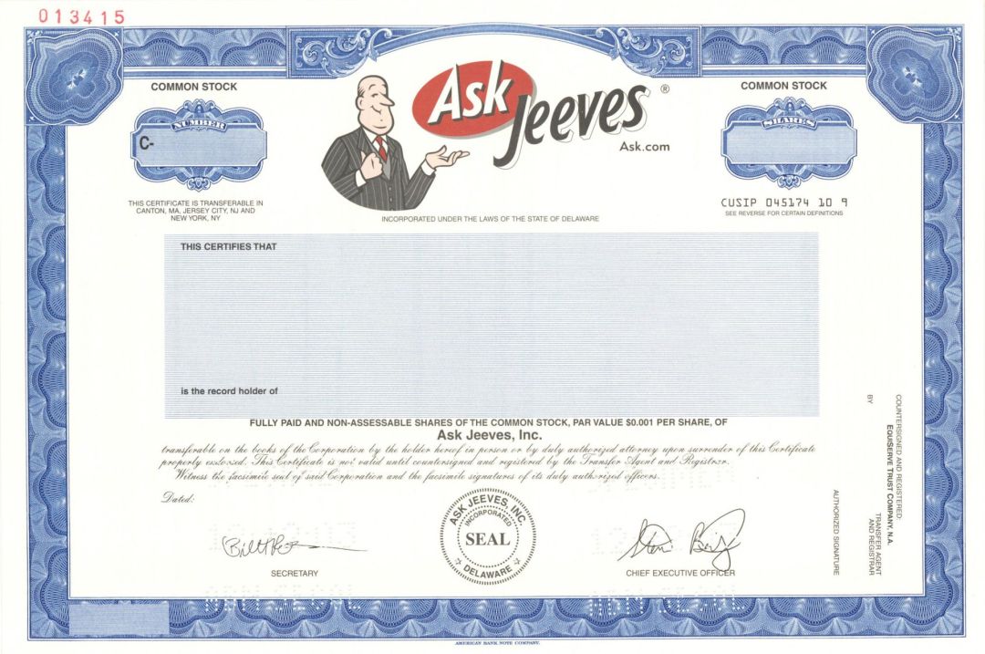 Ask Jeeves (Ask.com) - 2003 dated Specimen Stock Certificate