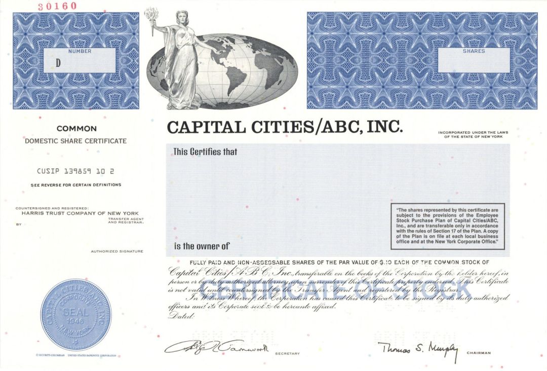 Capital Cities/ABC, Inc. -  1946 Specimen Stock Certificate