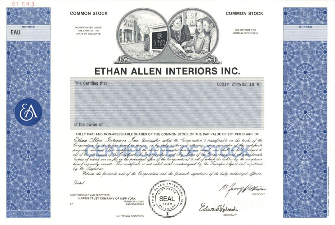 Ethan Allen Interiors Inc. -  1989 Specimen Stock Certificate
