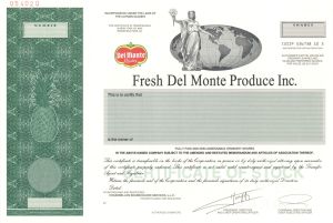 Fresh Del Monte Produce Inc. - 1990 dated Specimen Stock Certificate