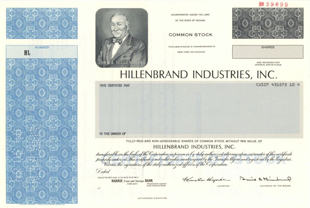 Hillenbrand Industries, Inc. -  Specimen Stock Certificate