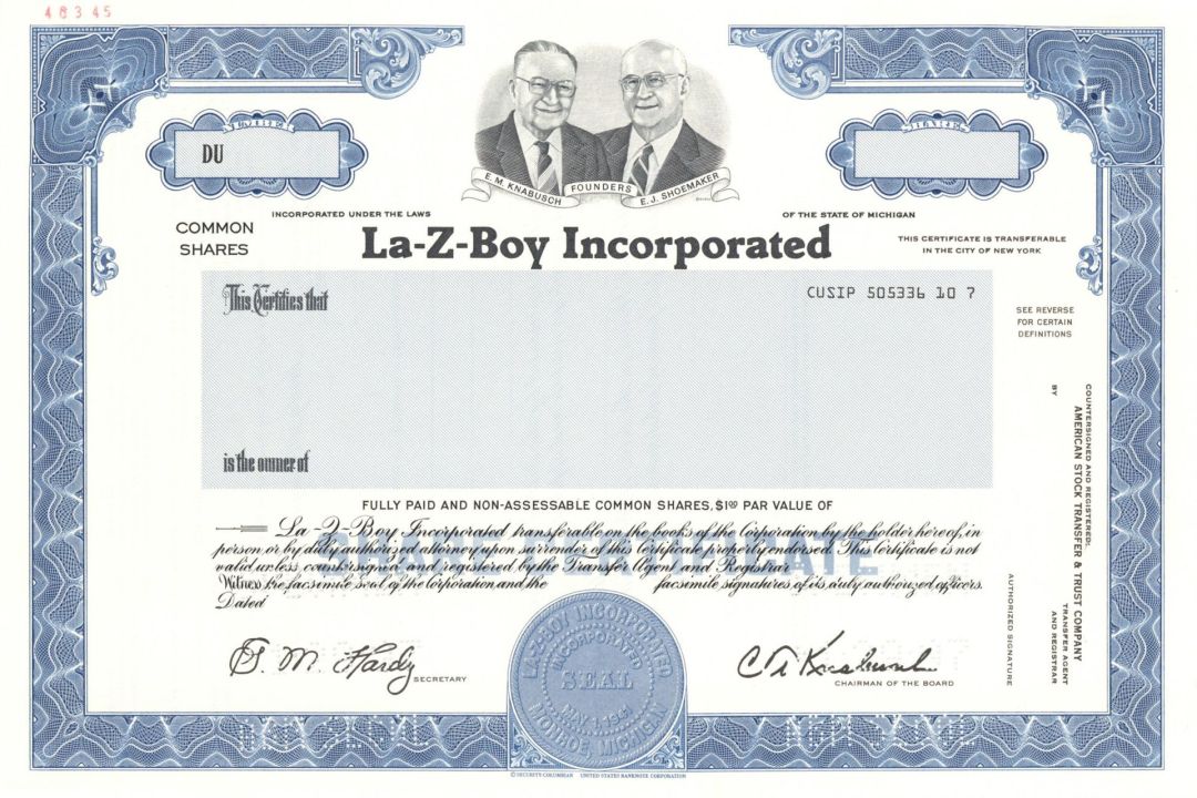 La-Z-Boy Inc. -  1941 Specimen Stock Certificate