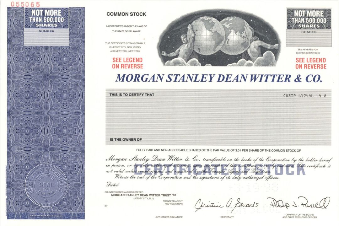 Morgan Stanley Dean Witter and Co. - 1998 dated Specimen Stock Certificate