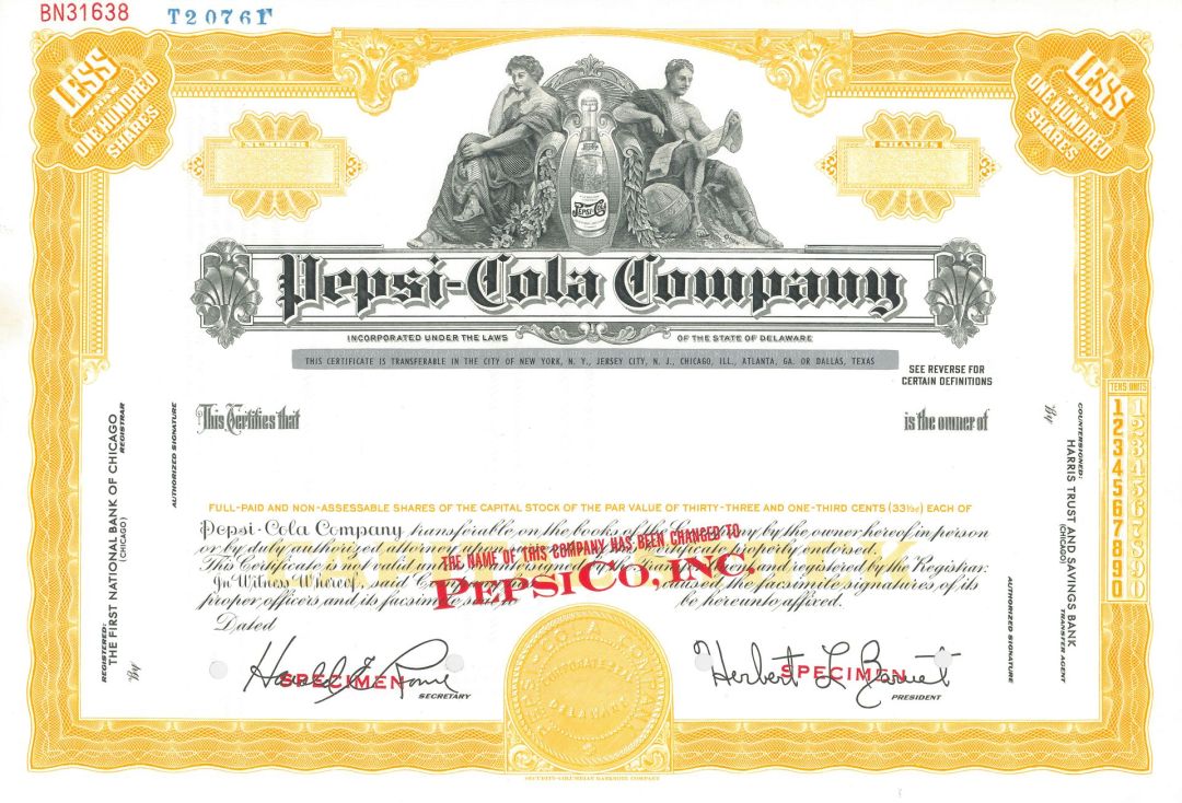 Pepsi-Cola Co. - PepsiCo Specimen Stock Certificate - Cola Flavored Carbonated Soft Drink - Available in Yellow or Red - Great Vignette