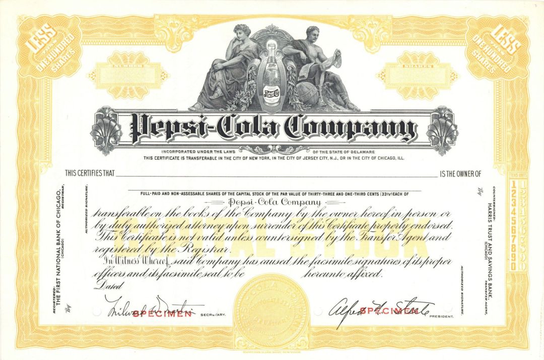 Pepsi-Cola Co. - PepsiCo Specimen Stock Certificate - Cola Flavored Carbonated Soft Drink - Available in Yellow or Red - Very Rare Type