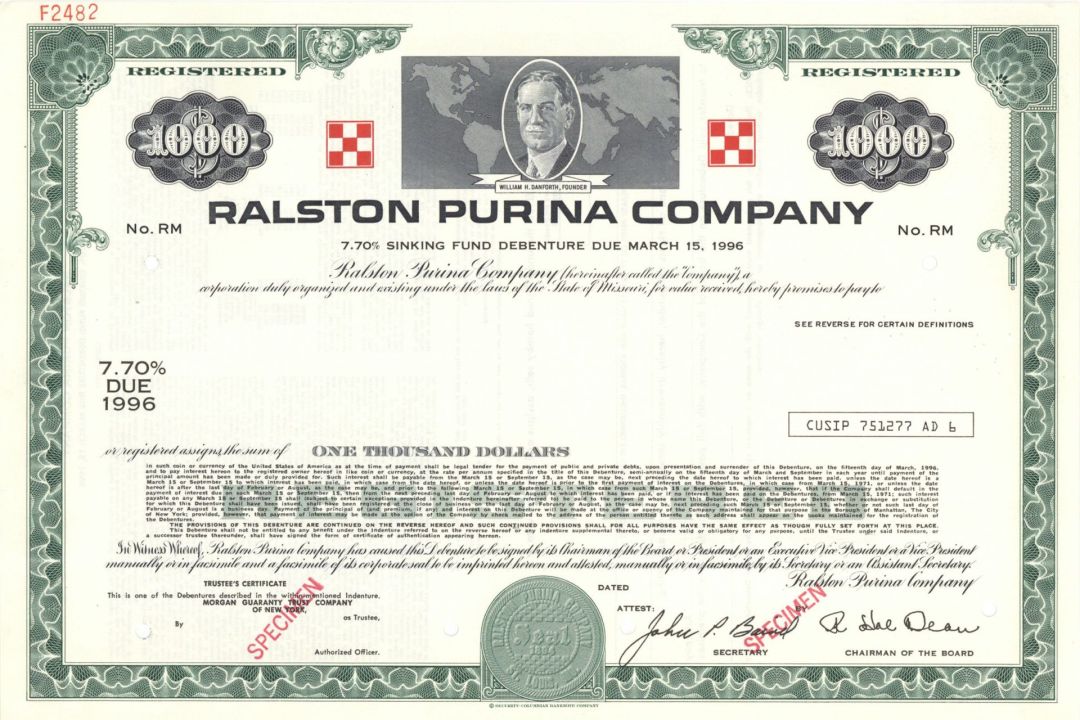 Ralston Purina Co. -  1894 $1,000 Specimen Bond