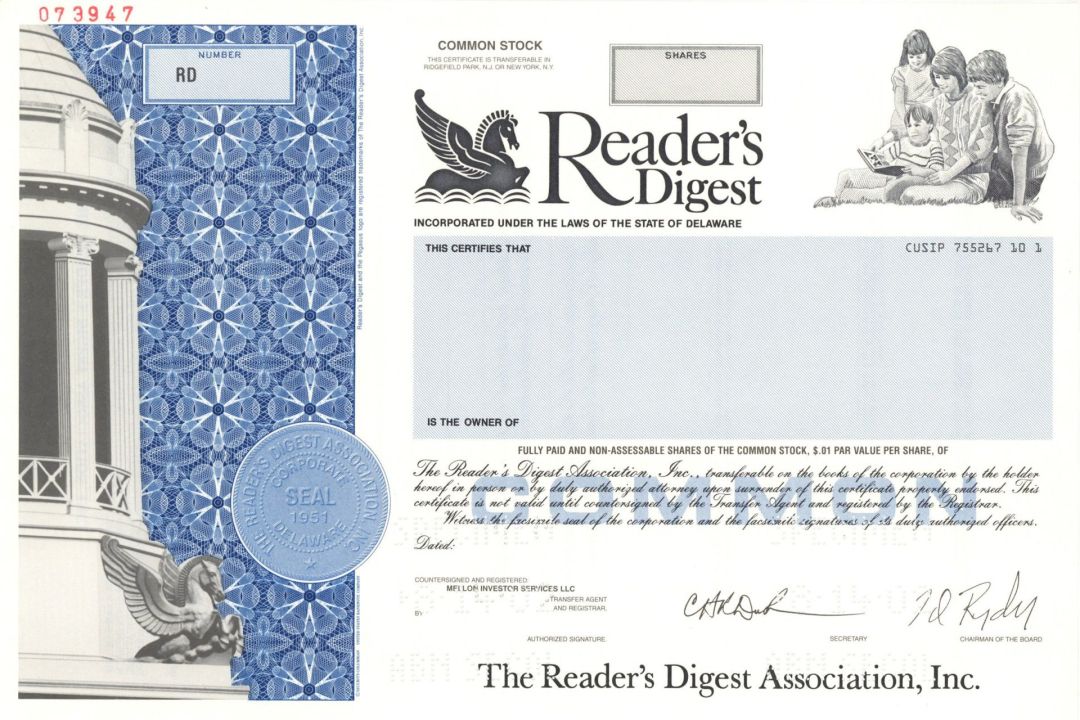 Reader's Digest -  2002 dated Specimen Stock Certificate - American General-Interest Family Magazine