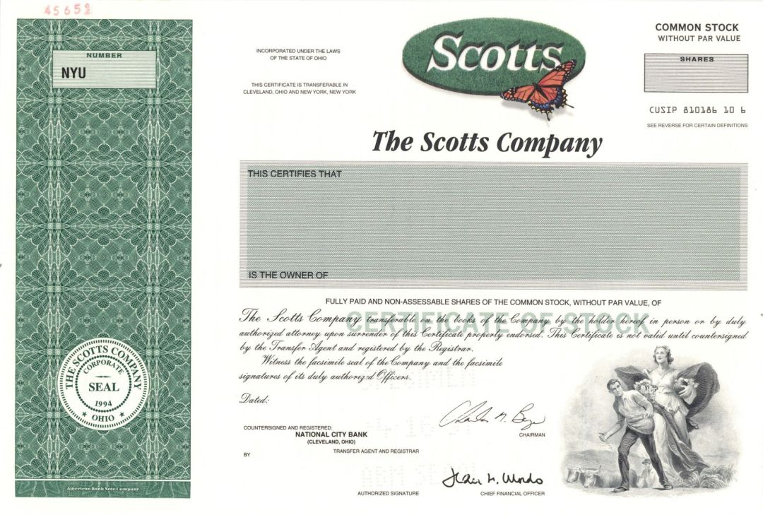 Scotts Co. -  1994 Specimen Stock Certificate