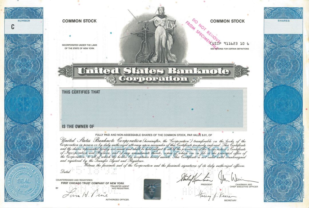 United States Banknote Corporation -  1994 dated Specimen Stock Certificate