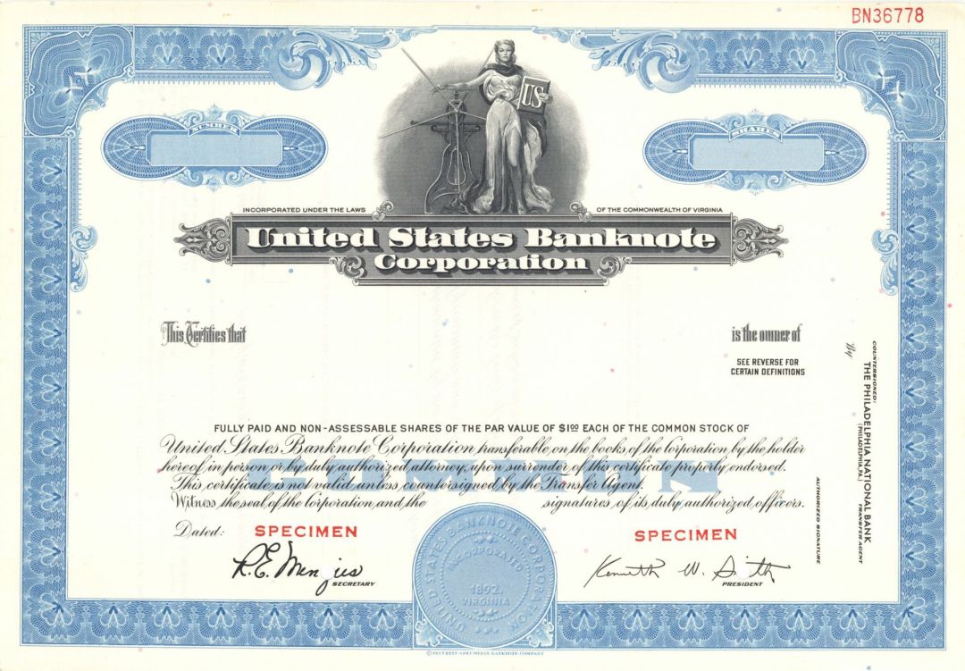 United States Banknote Corp. -  1892 Specimen Stock Certificate