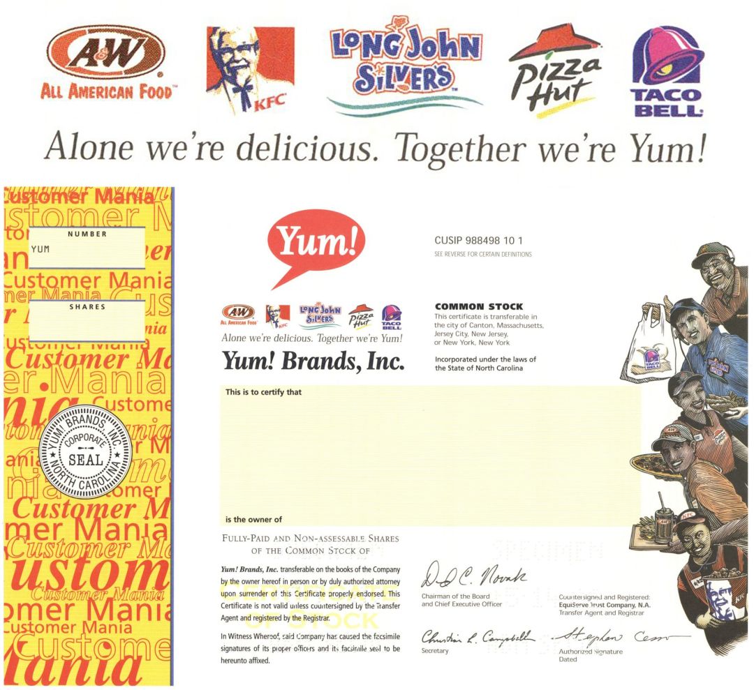 Yum! Brands, Inc. - 2004 dated Specimen Stock Certificate - Mentions A&W, KFC Kentucky Fried Chicken, Long John Silvers, Pizza Hut and Taco Bell - Printed Signature of David C. Novak